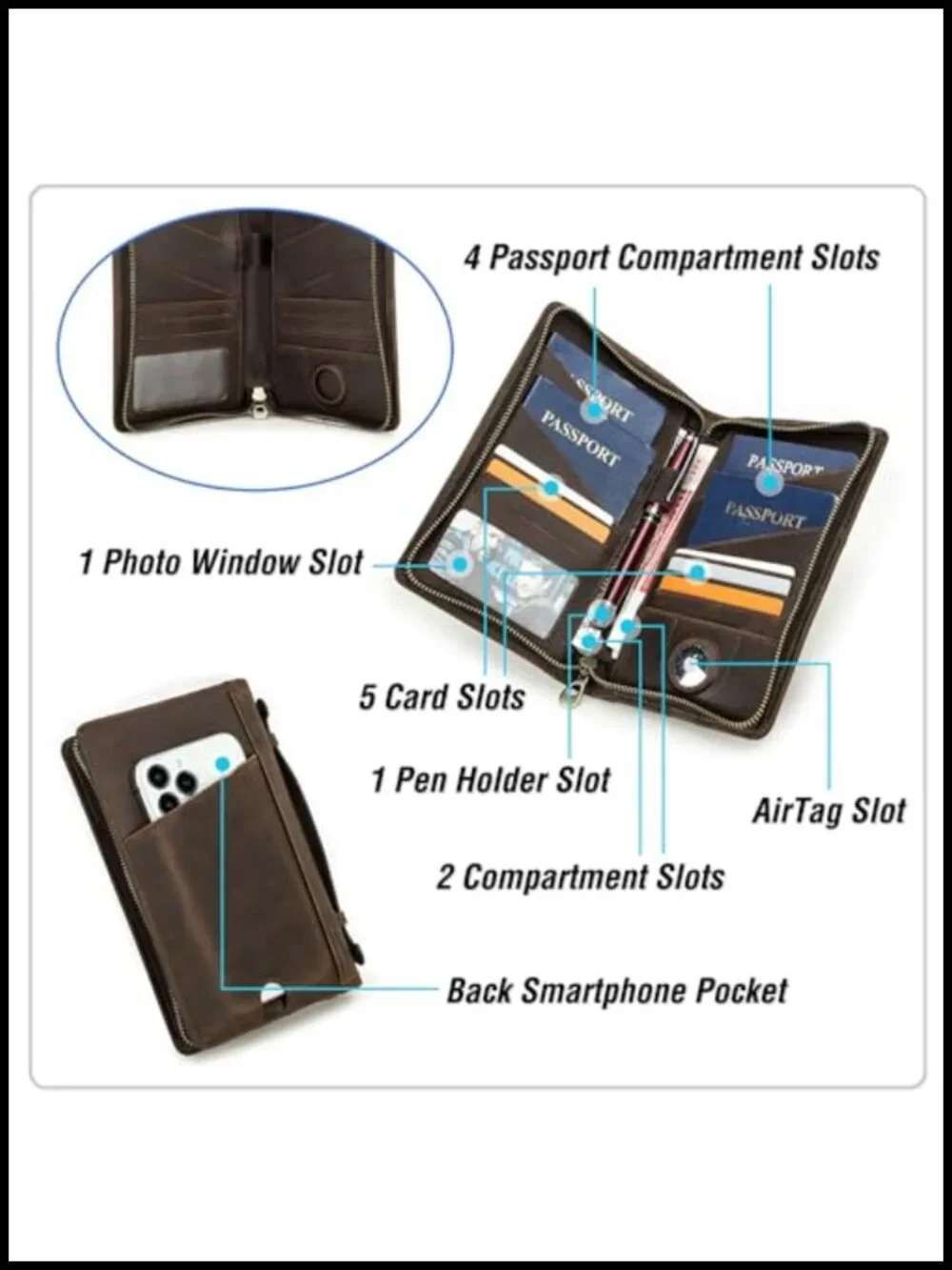 Top Grain Leather Passport Wallet RFID Blocking for Men Women Travel